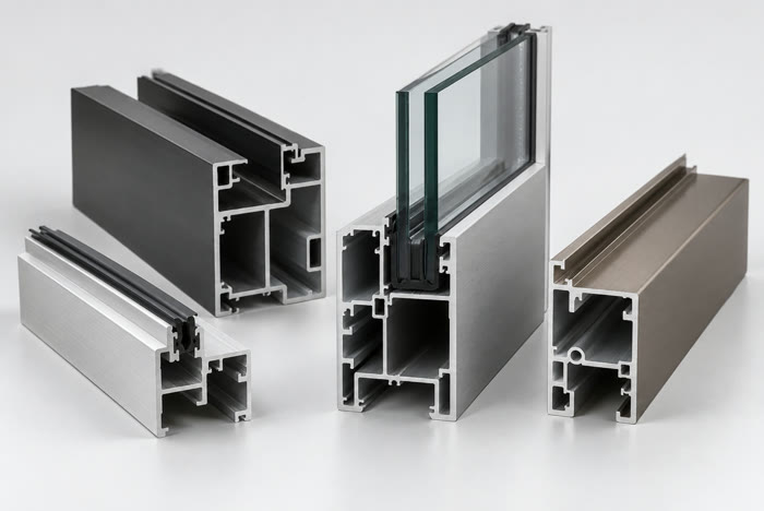 Aluminium curtain-wall and window profiles in mill, anodised and bronze finishes, cut ends showing glazing pockets and gasket races.