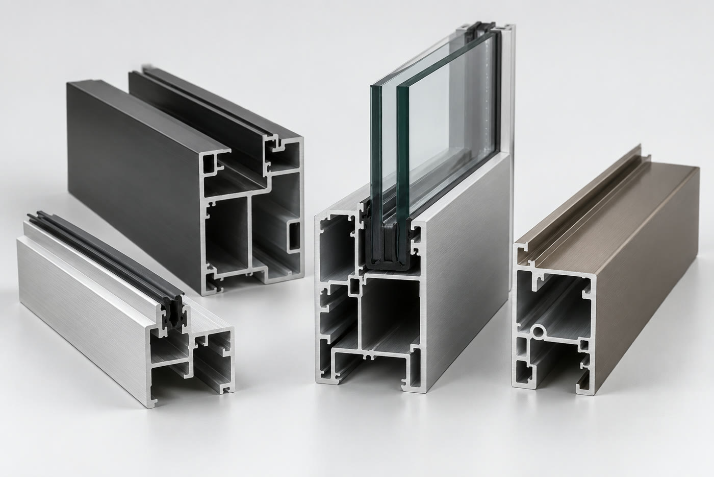 Aluminium curtain-wall and window profiles in mill, anodised and bronze finishes, cut ends showing glazing pockets, gasket races and screw ports, with insulated glass seated in one section.