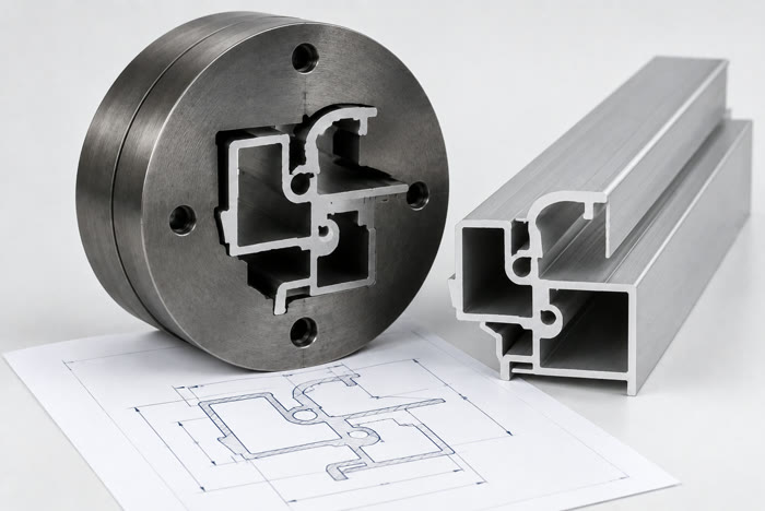Round hardened steel extrusion die with a bespoke profile-shaped aperture, the matching aluminium extrusion beside it, on a dimensioned cross-section drawing.
