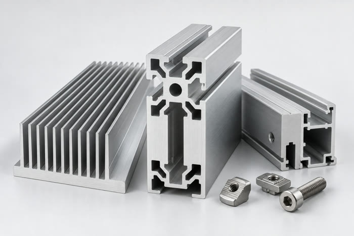 Finned aluminium heat sink, a 40 by 40 mm T-slot framing extrusion and a rack profile, with T-slot nuts and a hex-socket bolt.