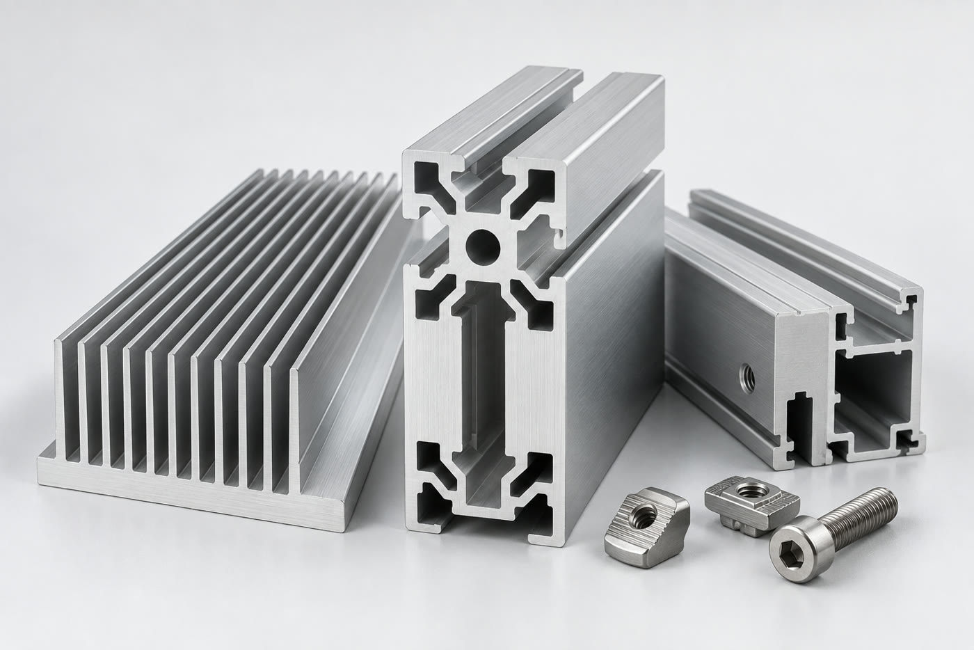 Finned aluminium heat sink, a 40 by 40 mm T-slot framing extrusion and a rack profile with a tapped hole, alongside T-slot nuts and a hex-socket bolt.