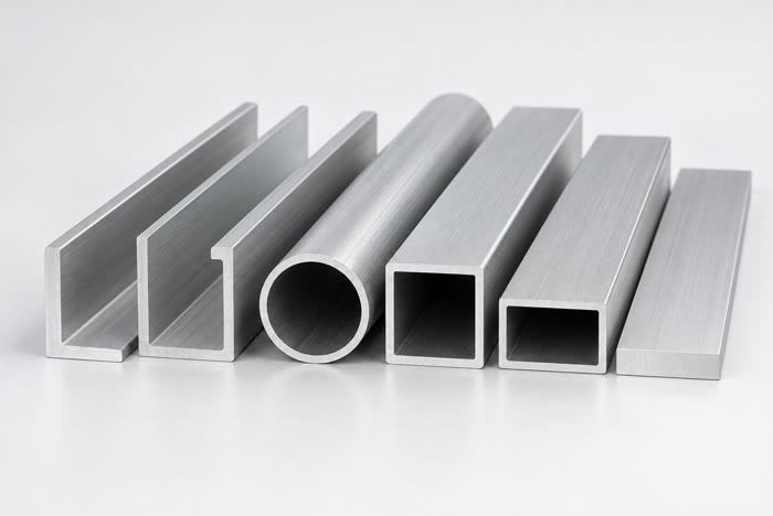Row of mill-finish aluminium stock sections — angle, channel, round tube, square tube, rectangular tube and flat bar — cut ends facing the camera.